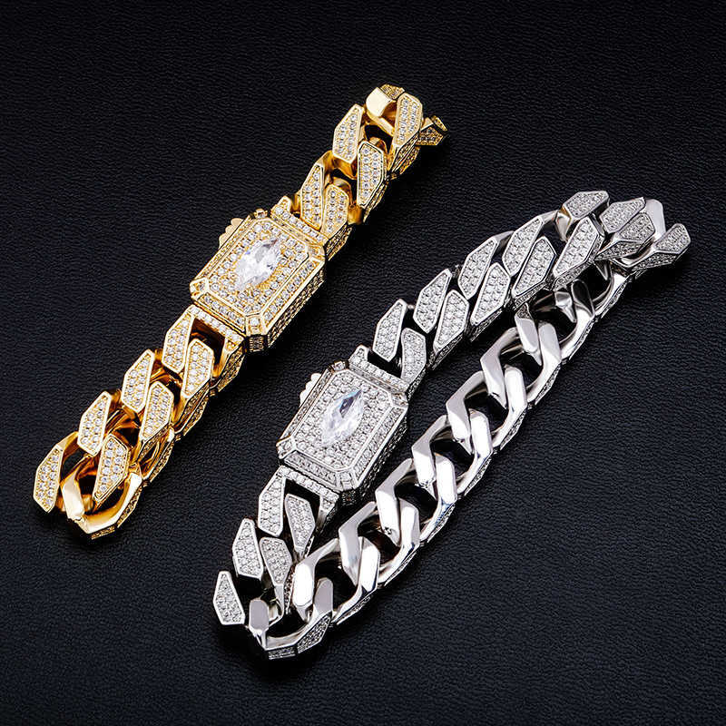 Gold High Quality Miami Cuban Chain Bracelet Bangle Spring Buckle Watch Style Mens Iced Out Cubic Zirconia Hip Hop Curb Link Chains Wristband For Men 