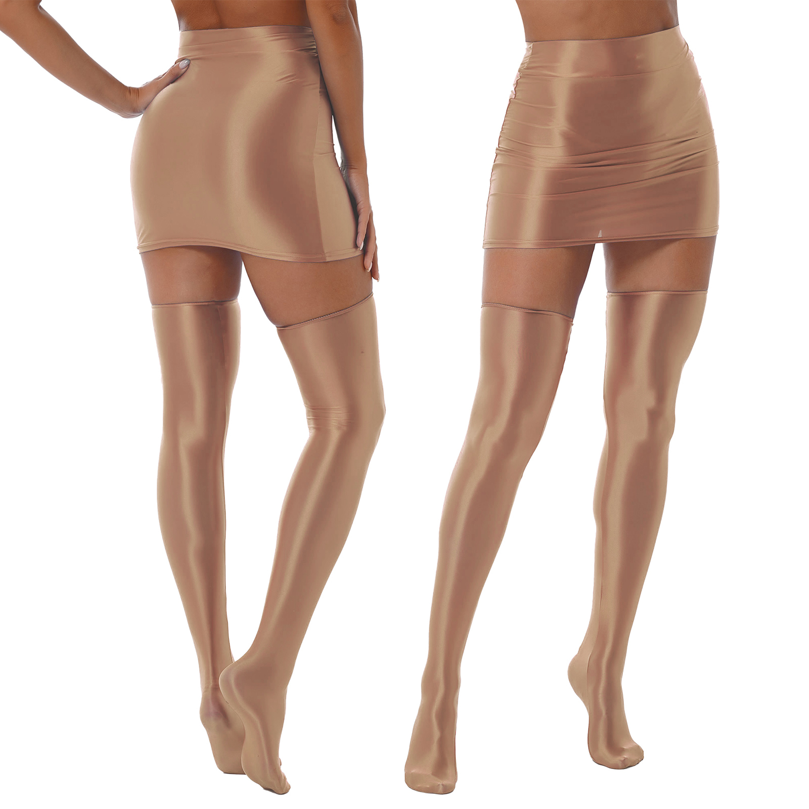 Skirts Solid Shiny Women Sexy High Waist Skinny Hip Silky Knee Stockings Two Pieces Set Ladies 2023 Trendy Clubwear Party Suit 230420