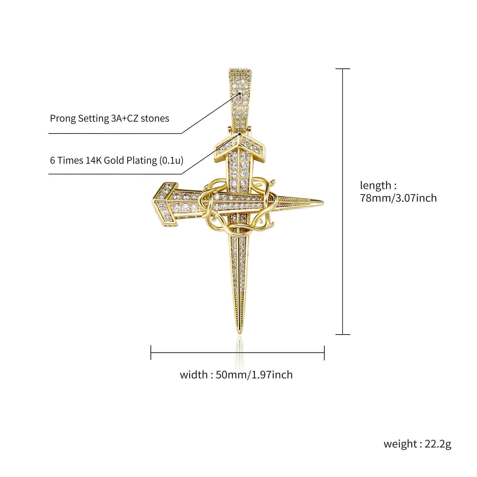 Prong Cubic Zircon Anchor Cross Pendant Necklace Accessories Mens Womens Fashion Hip Hop Necklaces 14K White Gold Rock Full CZ Stone Charm Jewelry Wol