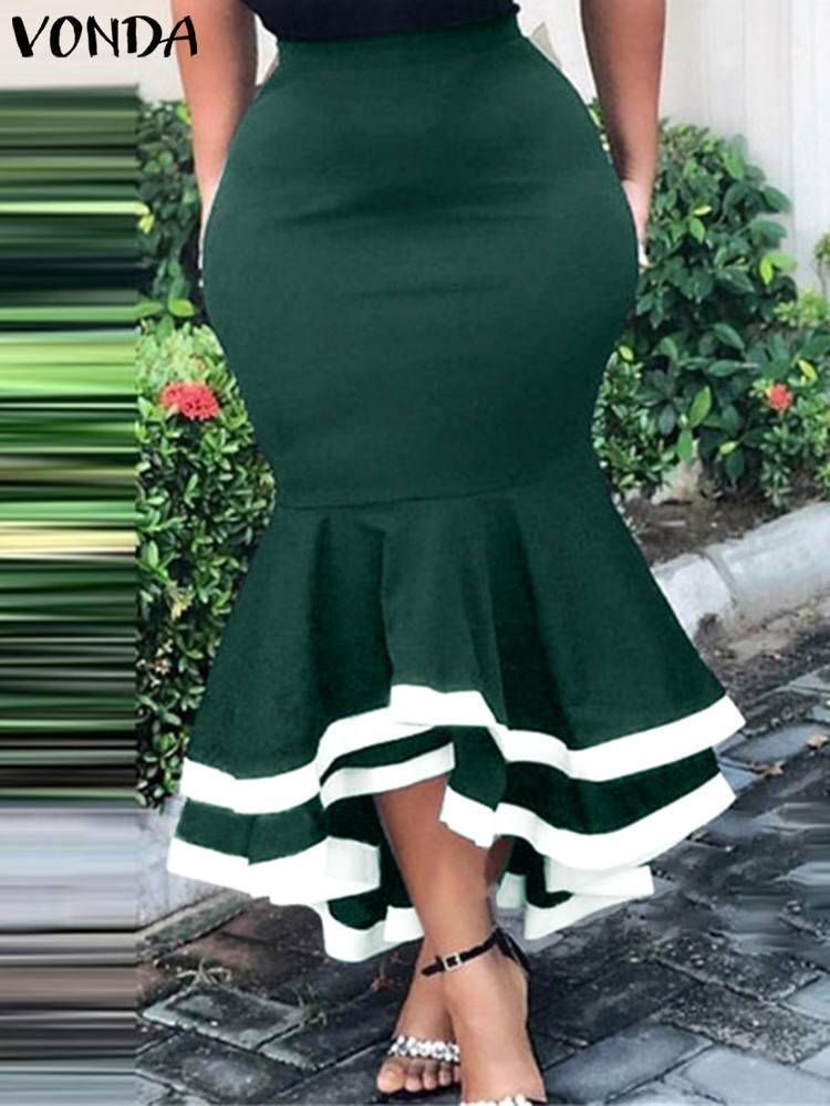Skirts VONDA Elegant Office Skirt 2023 Women High Waist Ruffled Fishtail Party Sexy Zipper Casual Pleated Color Patchwork Bottom 230420