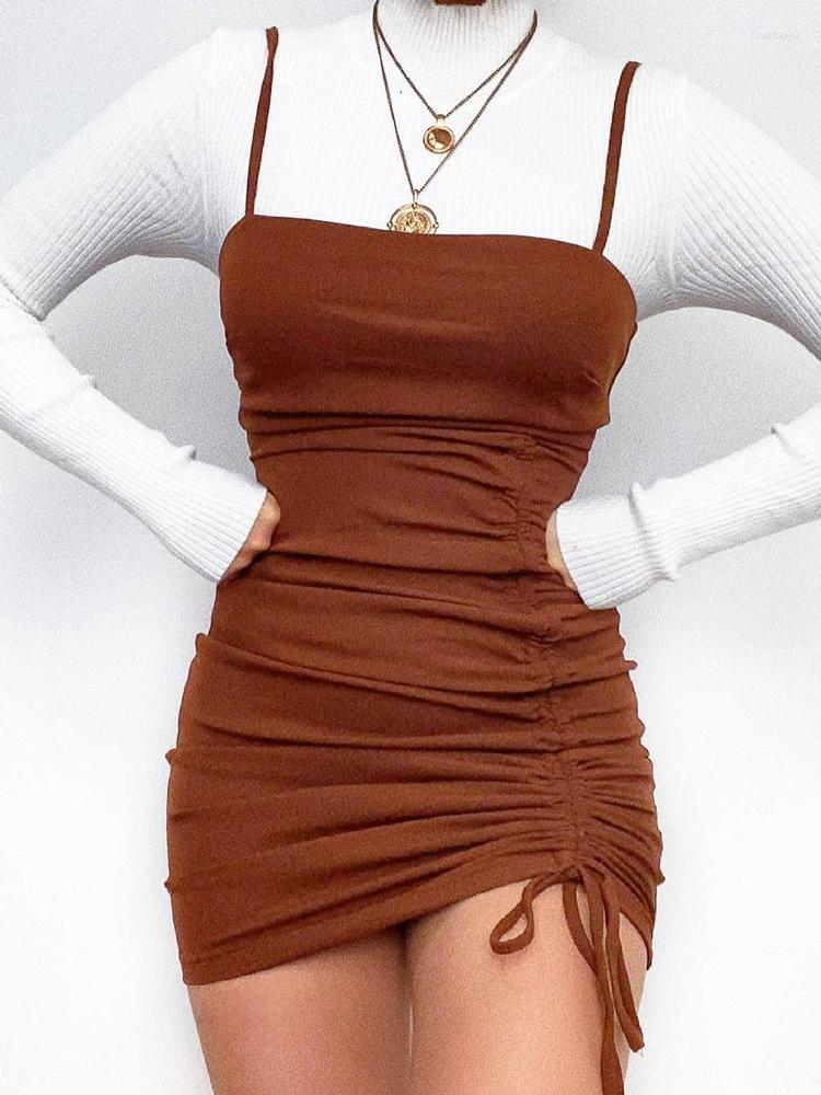 Casual Dresses Women' Sexy Spaghetti Strap Dress Ruched Side Drawstring Sleeveless Bodycon Mini Club Basic Party, Style 1