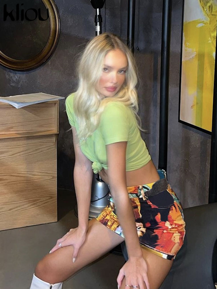 Skirts Kliou Colorful Portrait Print Hip Female Street Style Classic High Waist Zipper and Button Skinny Mini Bottoms Attirewear 230420