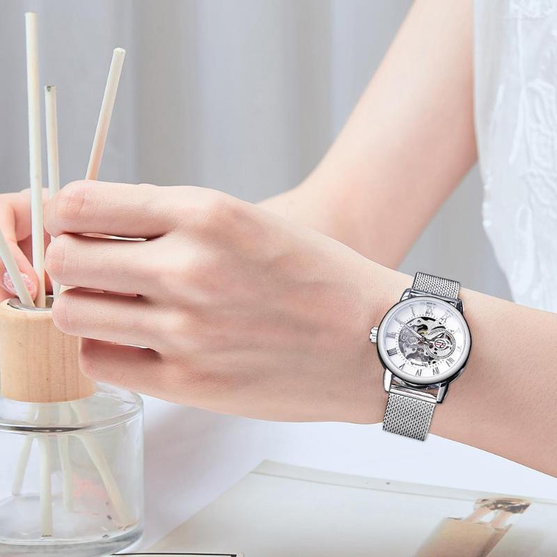 Wristwatches Forsining Fashion Luxury Silver Skeleton Women Mechanical Watch Roman Numerals Transparent Watches Stainless Steel Clock, Picture shown
Wristwatches Forsining Fashion Luxury Silver Skeleton Women Mechanical Watch Roman Numerals Transparent Watches Stainless Steel Clock, Picture shown