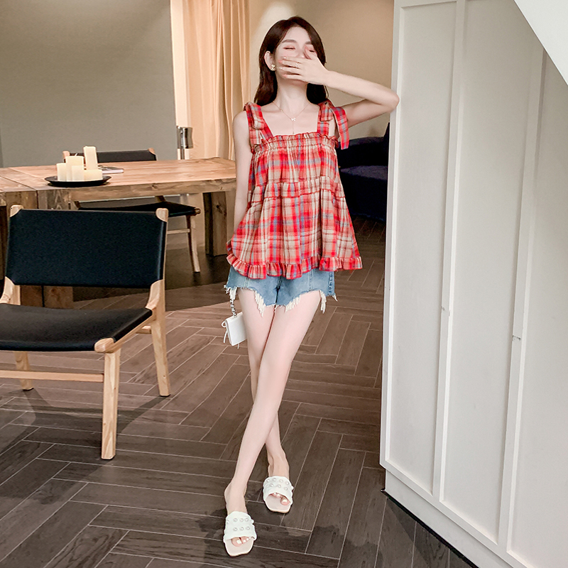 Camisoles Tanks Plaid Sleeveless T-shirt Top Women Vest Summer New Sweet and Spicy Girl Red Temperament Tank Tops Female Tees 230420