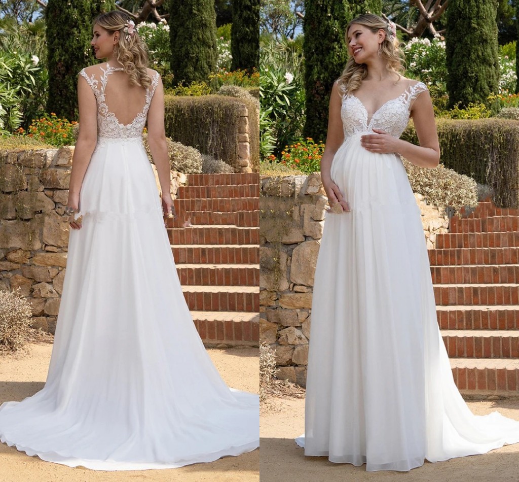 Chiffon Lace Pregnant a-line Wedding Dresses Backless Garden Country beach bohemian maternity Bride Bridal Gowns