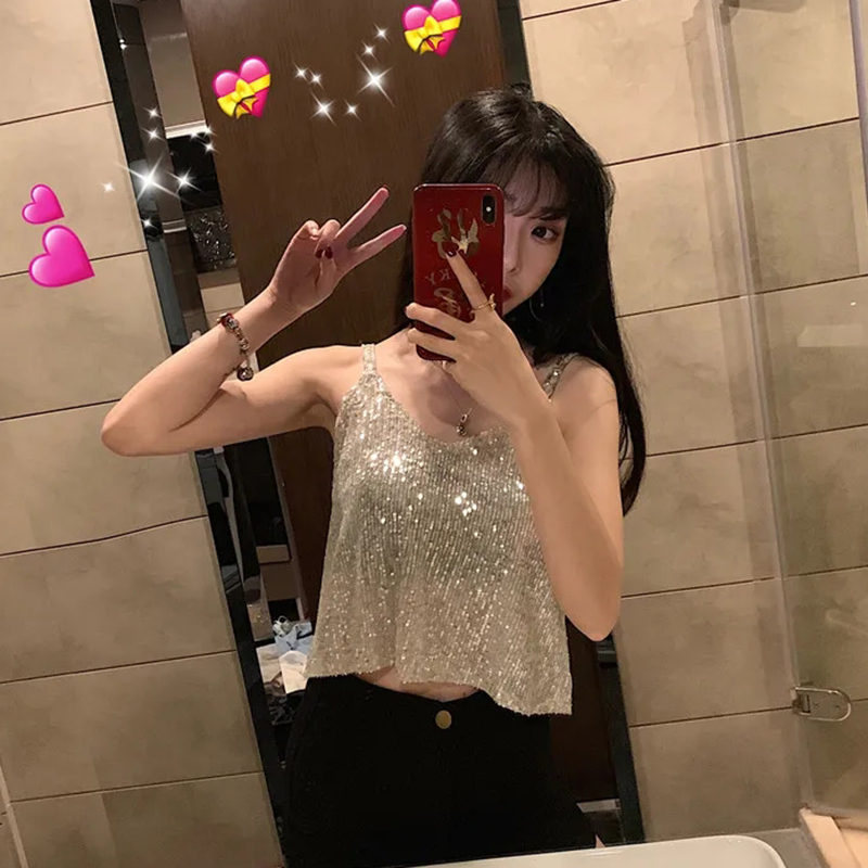 Camisoles Tanks Gold Silver Sequins Crop Tops Women Summer Sexy Backless Deep V Neck Vest Woman Y2K Chic Slim Strap Sleeveless T Shirt 230420