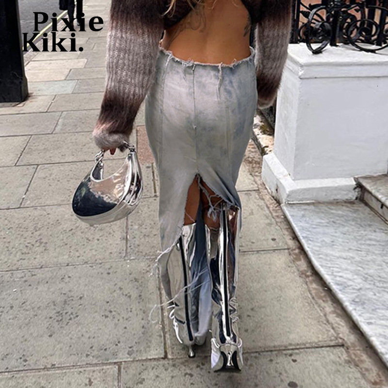 Skirts PixieKiki Tie Dye Blue Jean Skirt Y2k Streetwear Winter Fashion Sexy Low Waist Slit Long for Women Denim Bottoms P77DI50 230420