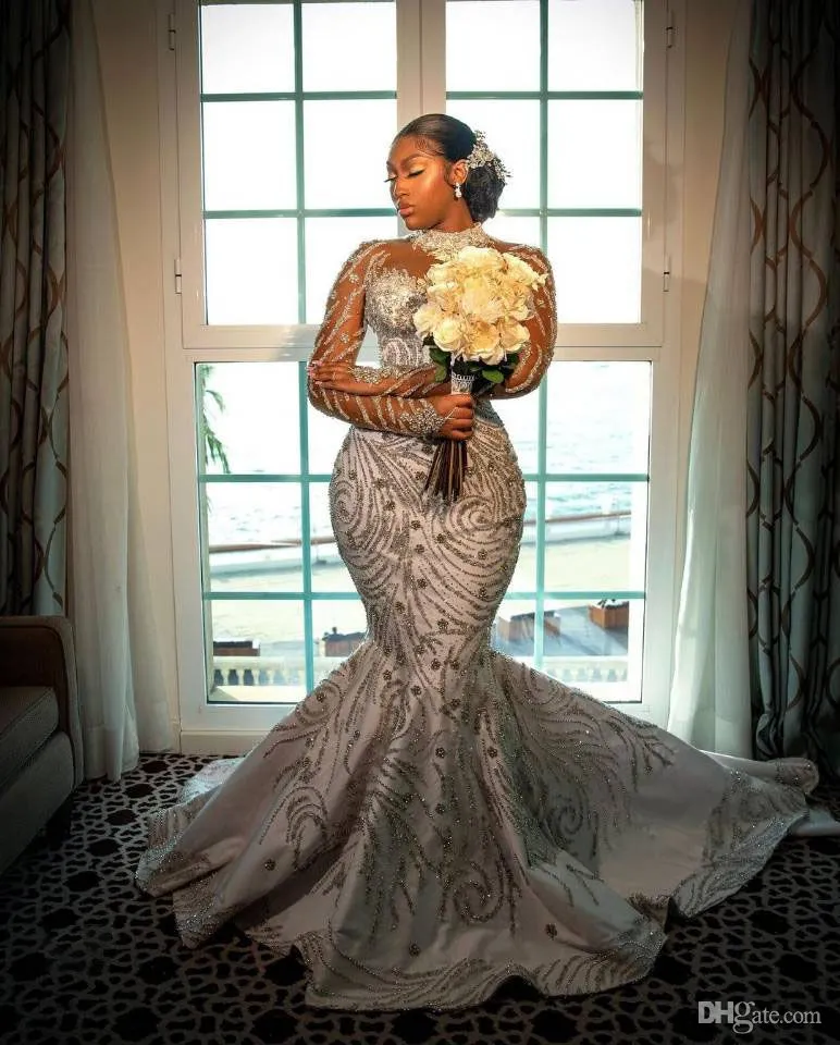 2023 Mermaid Wedding Dresses Bridal Gown Sequins Crystals Beaded High Neck Long Sleeves Custom Made Vestidos De Novia Sweep Train Beach Garden Plus Si
