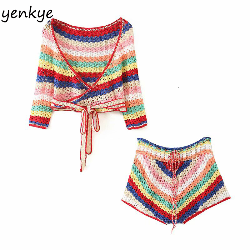 Men's Swimwear Multicolor Striped Crochet Crop Top Women Cross V Neck Short Sleeve Knit Sexy Wrap Femme Summer Boho s blusas LJPZ9279 230420