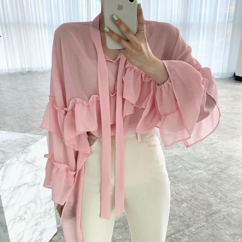 Women's Polos Korea Chic Sweet Pink Neckline Streamer Long-sleeved Thin Section Slightly Transparent Ruffled Shirt Top Women, White
Women's Polos Korea Chic Sweet Pink Neckline Streamer Long-sleeved Thin Section Slightly Transparent Ruffled Shirt Top Women, White