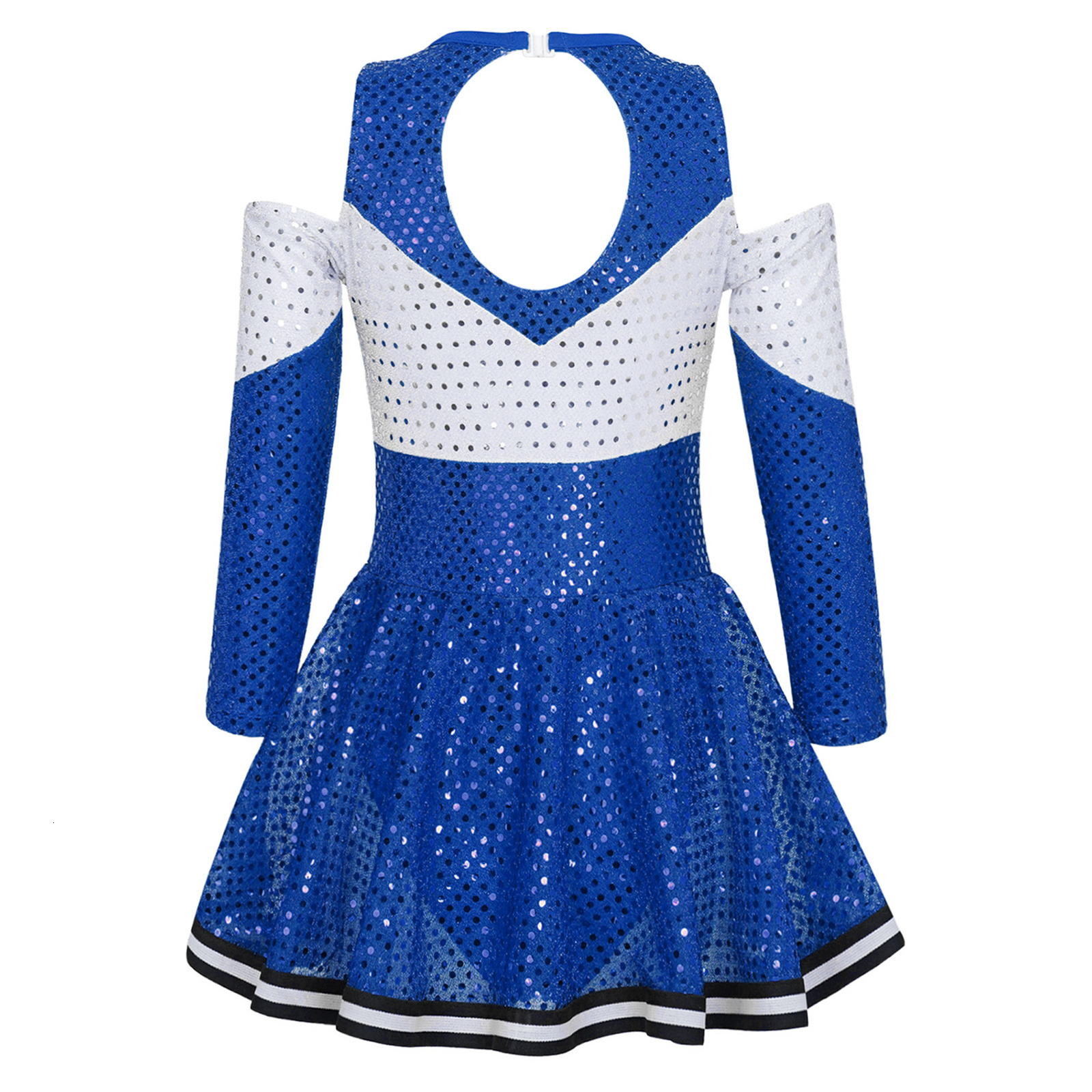 Cheerleading Kids Girls Shiny Sequins Cheerleading Uniform Dance Costume Long Sleeve Off-shoulder Round Neckline Cheerleader Dance Dress 230420