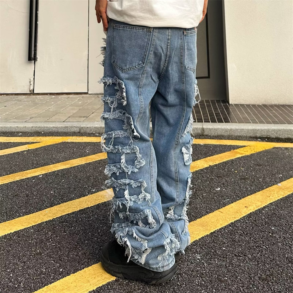 Mens Jeans Straight Trousers Fashion Vintage Frayed Patchwork Color Block Denim Pants Casual Ripped Bottoms 230420