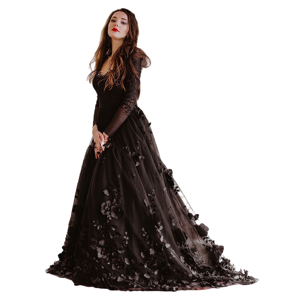 Black Long Sleeve Gothic a-line Wedding Dresses 2023 Retro 3D Floral Lace-up Corset Garden Beach bohemian Bridal Gowns