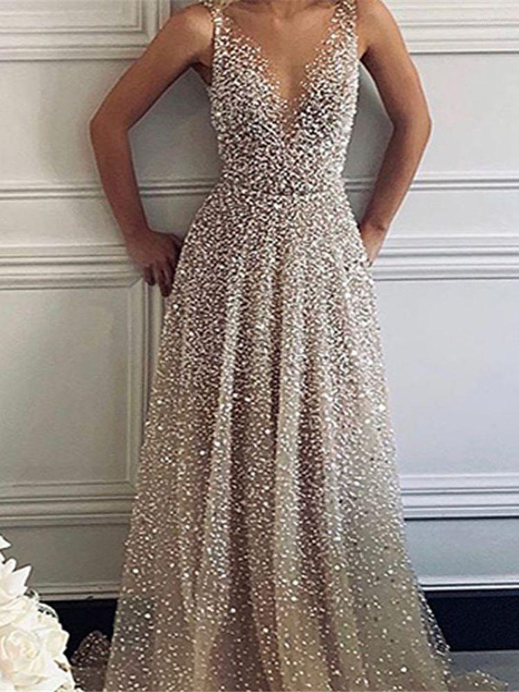 Casual Dresses Luxury Gold Sequins Beads Prom Sleeveless V-Neck A-line Wedding Woman Party Evening Gown Cocktail Dress Vestidos Fashion