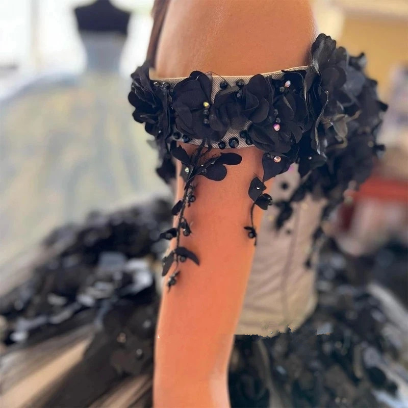 Black Princess Quinceanera Dresses Off Shoulder lace-up corset Sweet 16 Dress 3D Flowers Appliques Crystal vestidos de 15 anos