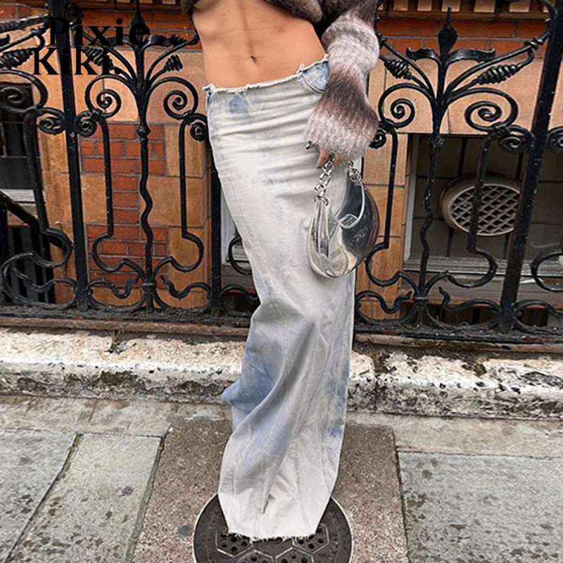 Skirts PixieKiki Tie Dye Blue Jean Skirt Y2k Streetwear Winter Fashion Sexy Low Waist Slit Long for Women Denim Bottoms P77DI50 230420