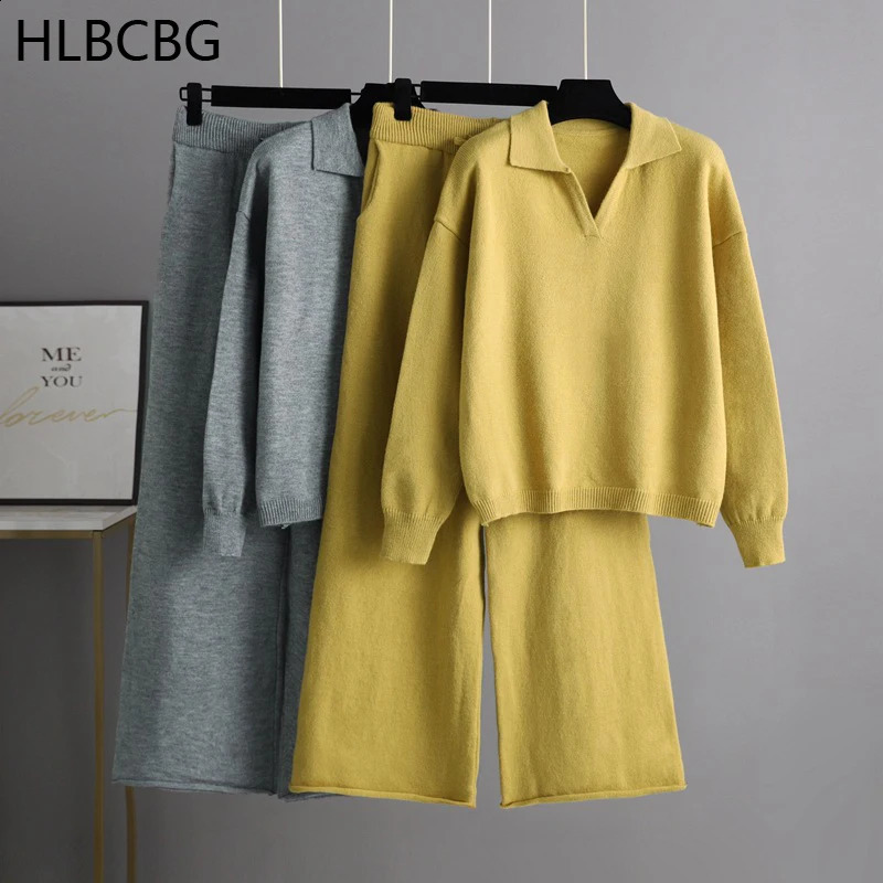 Women's Two Piece Pants Cashmere Turn Down Neck Knitted Set Winter Casual Pieces Sweater and Loose Outfits Tracksuit Pullovers 231118