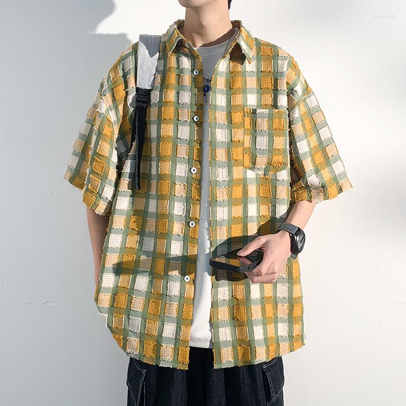 Men's Casual Shirts Summer Korean Trend Men Shirt Oversize Short Sleeve Plaid Color Block Streetwear Blouse, Khaki 
Men's Casual Shirts Summer Korean Trend Men Shirt Oversize Short Sleeve Plaid Color Block Streetwear Blouse, Khaki