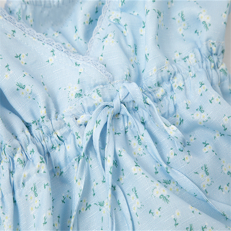 Camisoles Tanks PUWD Y2K Lovely Girl Linen Blue Flower Print Camis Summer Ladies Lace V Neck Slim Short Tops Vintage Women Sleeveless Top 230420