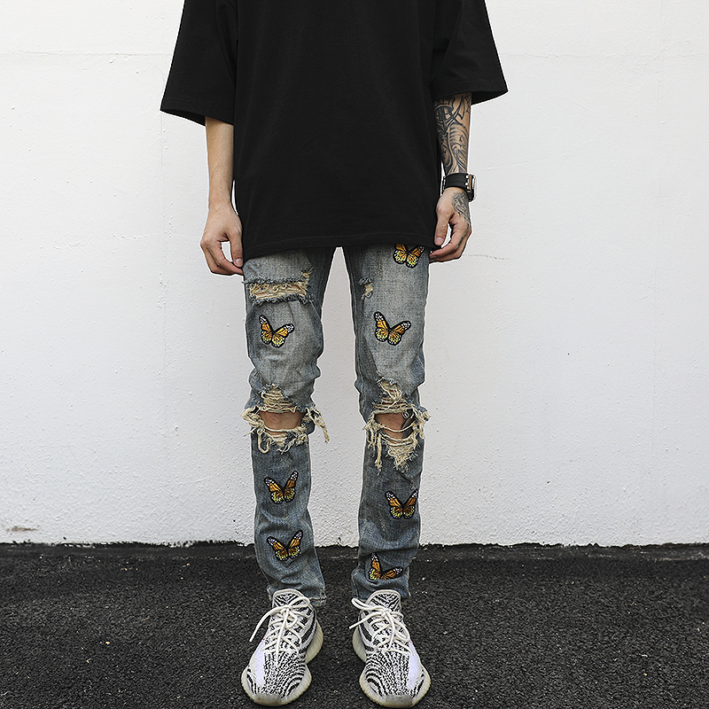 Mens Jeans High street Butterfly Embroidery Knee Ripped Hole casual Hip Hop Distressed Slim Fit Skinny Denim Pants Joggers 230420
