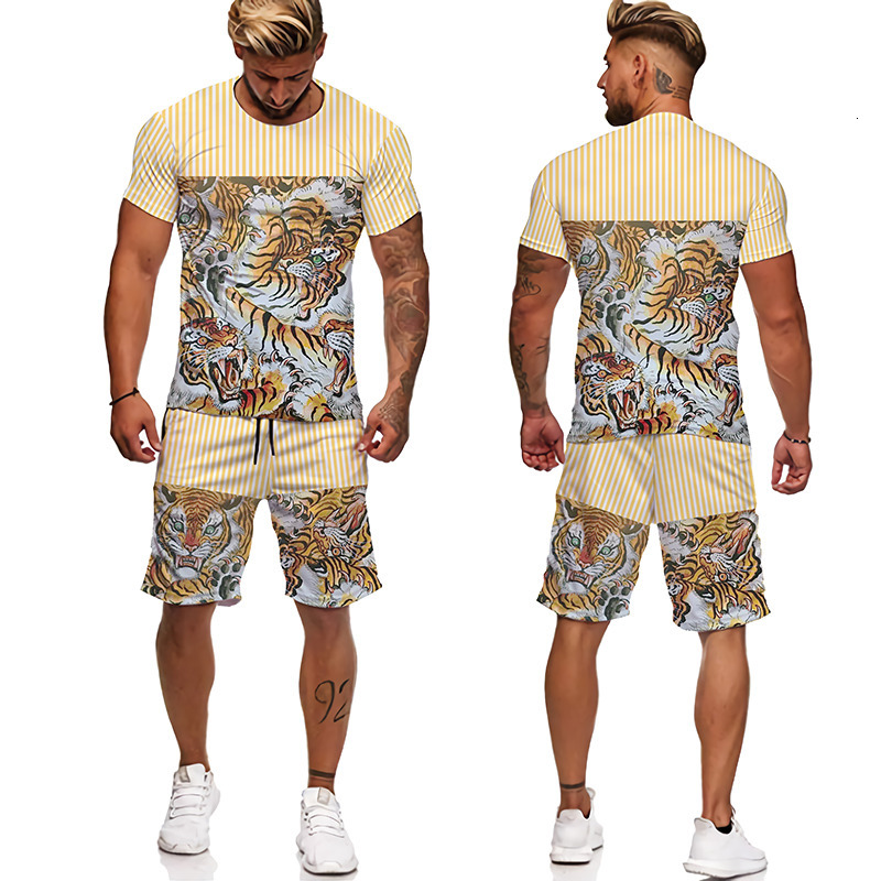 Men's Tracksuits 2023 Summer Trendy 3D Tiger Printed Tshirt Suit Cool MenWomen TracksuitCasual TopShorts Streetwear Clothing Sets 230419