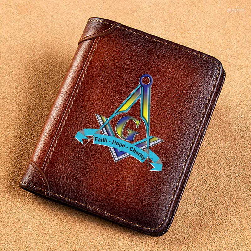 

Wallets High Quality Genuine Leather Wallet Antique Masonic Faith Hope Charity Printing Standard Short Purse BK3275, Yellowish brown