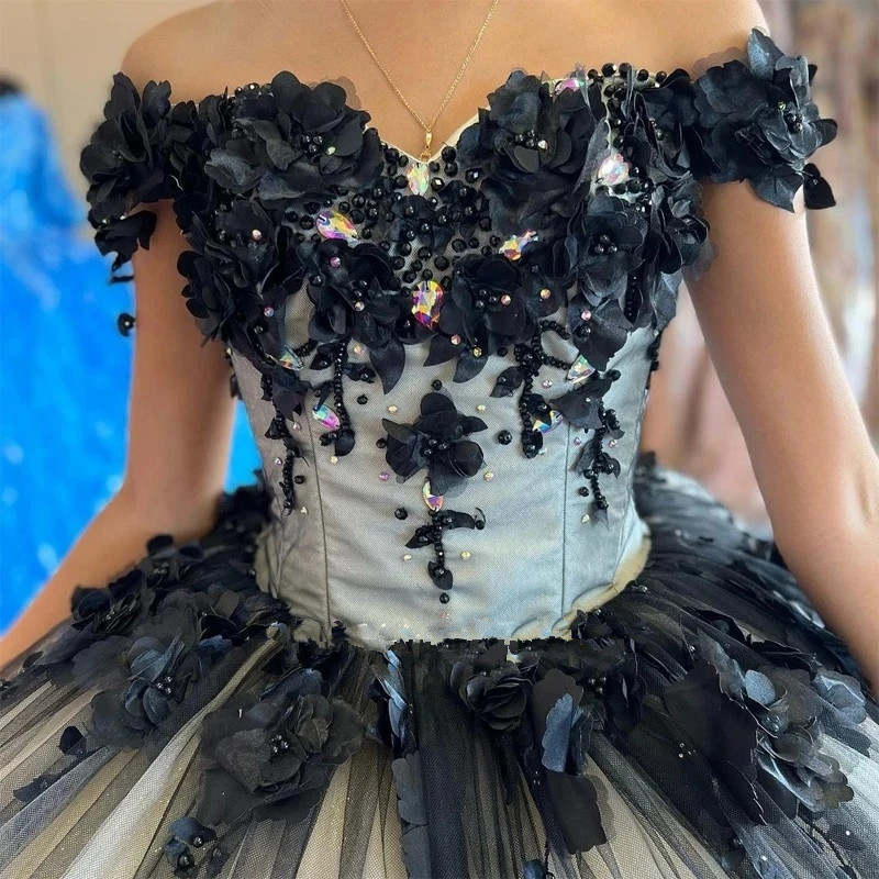 Black Princess Quinceanera Dresses Off Shoulder lace-up corset Sweet 16 Dress 3D Flowers Appliques Crystal vestidos de 15 anos