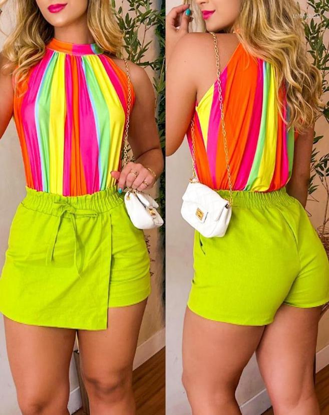 Women's Tracksuits Two Piece Sets Womens Outifits 2023 Summer Fashion Striped Print Casual Halter Sleeveless Tank Top & Daily Above Knee