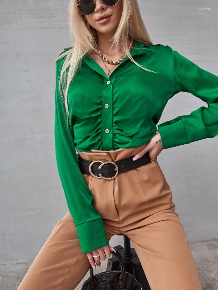 Women' Blouses 2023 Spring Women Shirt Sexy Slim Pleated Casual Long Sleeve Female Solid Satin Tops Single-breasted Office Lady Blouse, Green
Women' Blouses 2023 Spring Women Shirt Sexy Slim Pleated Casual Long Sleeve Female Solid Satin Tops Single-breasted Office Lady Blouse, Green