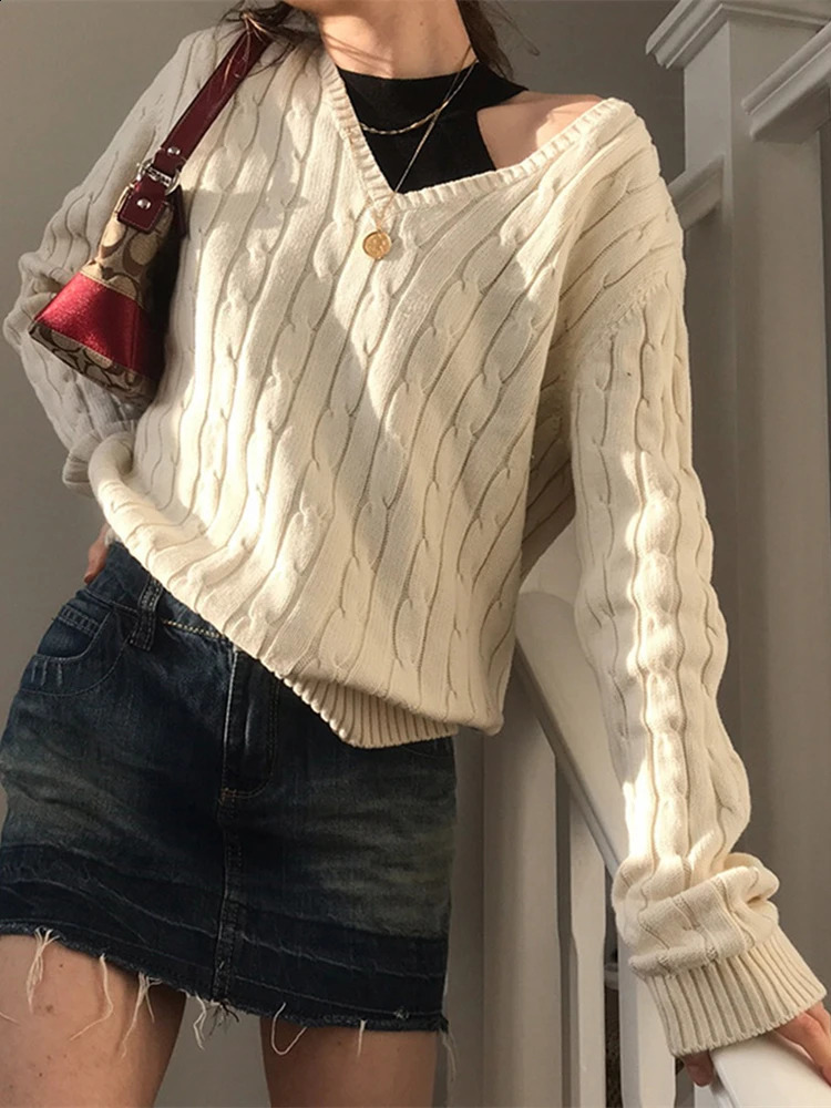 Women's Sweaters Sweater Women Spring Fall Pullovers Navy Sweaters Long Sleeve V Neck Cable Knit In Crop Tops Knitwears for Slim Girls 231118