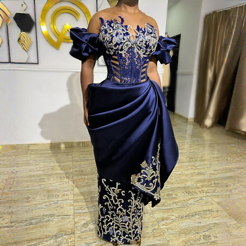 2023 Plus Size Aso Ebi Prom Dresses Real Photos Off Shoulder Royal Blue Sheath Lace Beading African Nigeria Glitter Evening Dress Second Reception Gow
