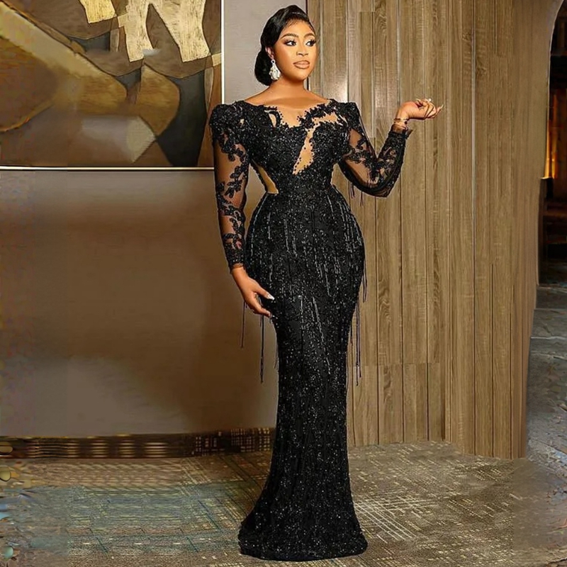2023 Plus Size Lastest Aso Ebi Prom Dresses Long Tulle Lace Sleeves Mermaid Black Beading African Nigeria Glitter Evening Dress Second Reception Gowns