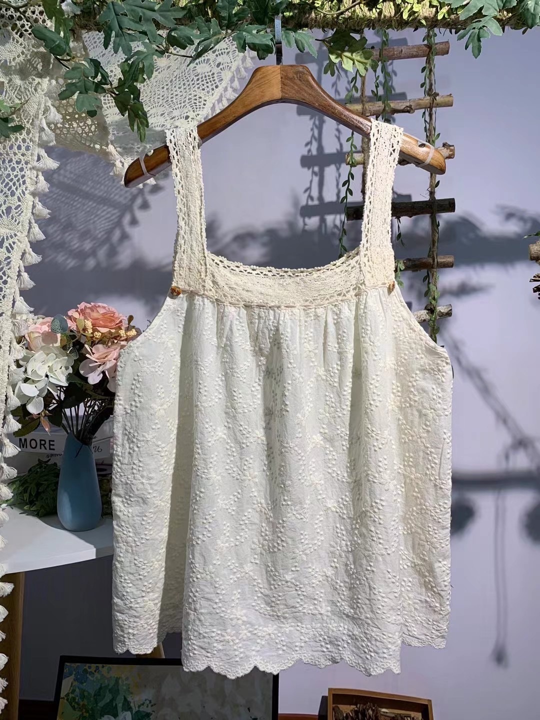 Camisoles Tanks New Summer Mori Girl Cotton Embroidery Camisole Solid Color Sleeveless Vest Women Japanese Style 230420