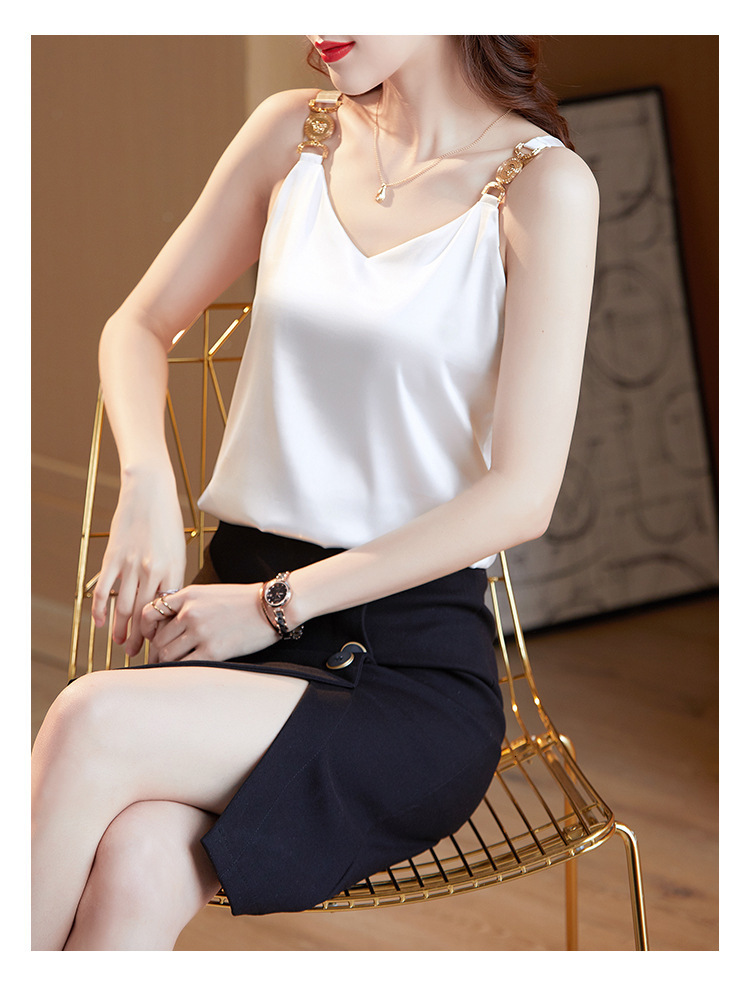 Camisoles Tanks New Cami Top V-neck Solid Fashion Sleeveless Top Summer Womens Temperament Elegant Office Lady Backless Top Silk Spaghetti Camis 23042