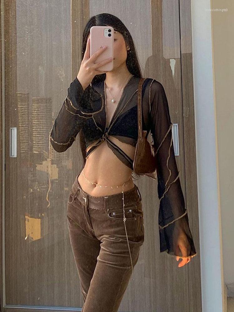 Women' T Shirts Bandage Black Mesh Crop Tops Pastel Goth Y2K Deep V-Neck Flare Sleeve Patchwork T-shirts Sexy Outfits
Women' T Shirts Bandage Black Mesh Crop Tops Pastel Goth Y2K Deep V-Neck Flare Sleeve Patchwork T-shirts Sexy Outfits