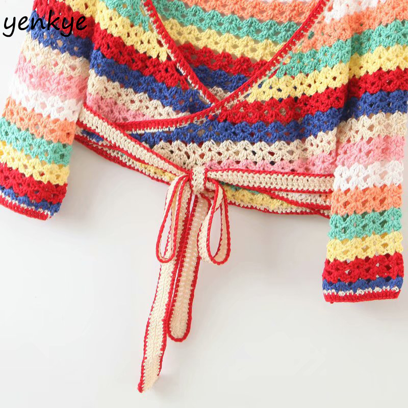Men's Swimwear Multicolor Striped Crochet Crop Top Women Cross V Neck Short Sleeve Knit Sexy Wrap Femme Summer Boho s blusas LJPZ9279 230420