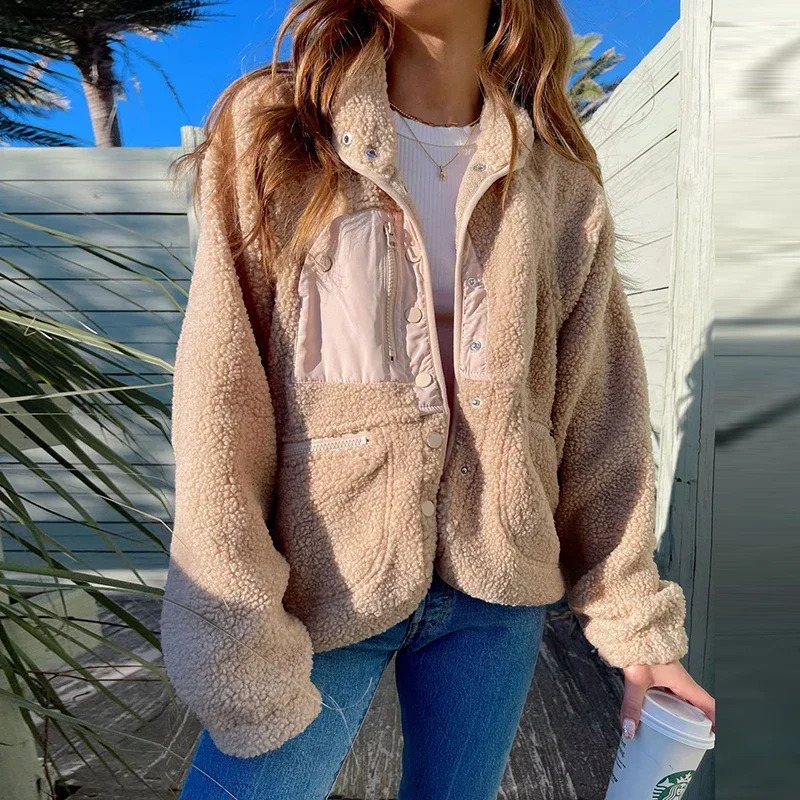 Womens Jackets Casual Autumn Winter Women Fleece Coat Vintage Solid Color Lapel Long Sleeve Stand Collar Tracksuit Top 231118