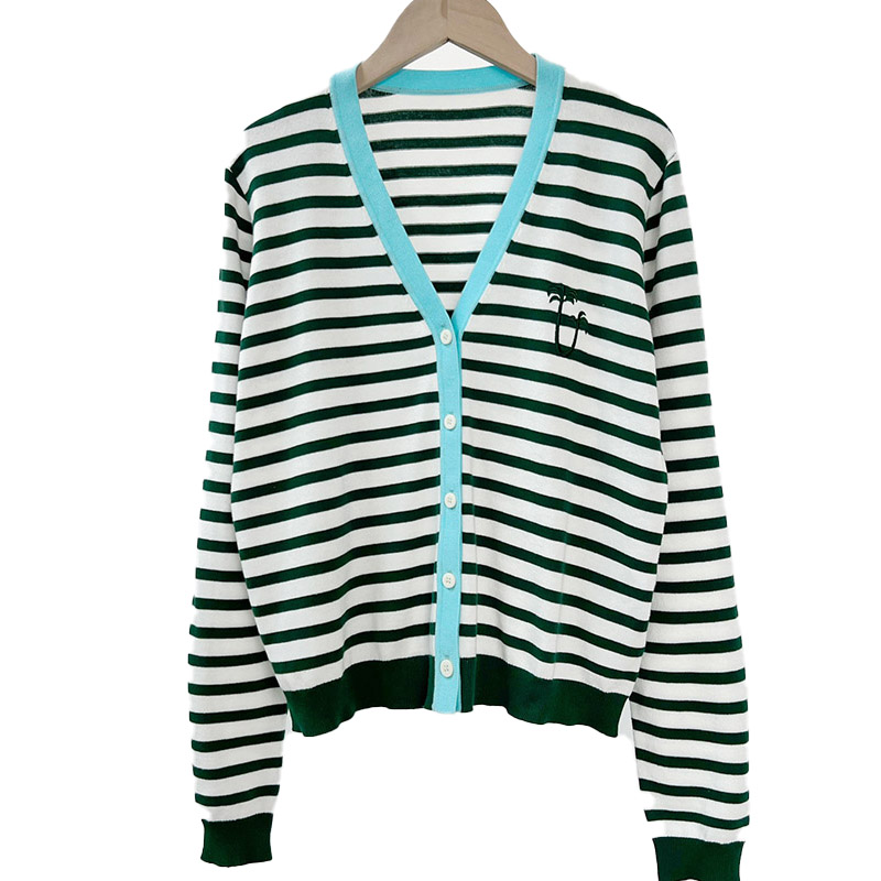 Women' Knits & Tees Lace sleeve double-breasted horizontal strip black and white color matching Ragged air Cardigan coconut tree Horizontal stripe, Green
Women' Knits & Tees Lace sleeve double-breasted horizontal strip black and white color matching Ragged air Cardigan coconut tree Horizontal stripe, Green