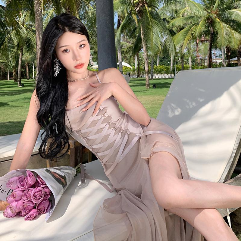 Casual Dresses Women Summer Bandage Backless Chiffon Beach Dress Fashion Sleeveless Spaghetti Strap Long Dress Korean Elegant Party Dresses 230420