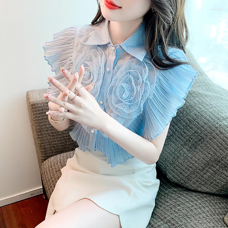 Women' Blouses Discoid Flowers Trimmed Ruffle Cute Ladies Tops And 2023 Summer Korean Style Blue Chiffon Shirts For Women Blusen Damen
Women' Blouses Discoid Flowers Trimmed Ruffle Cute Ladies Tops And 2023 Summer Korean Style Blue Chiffon Shirts For Women Blusen Damen