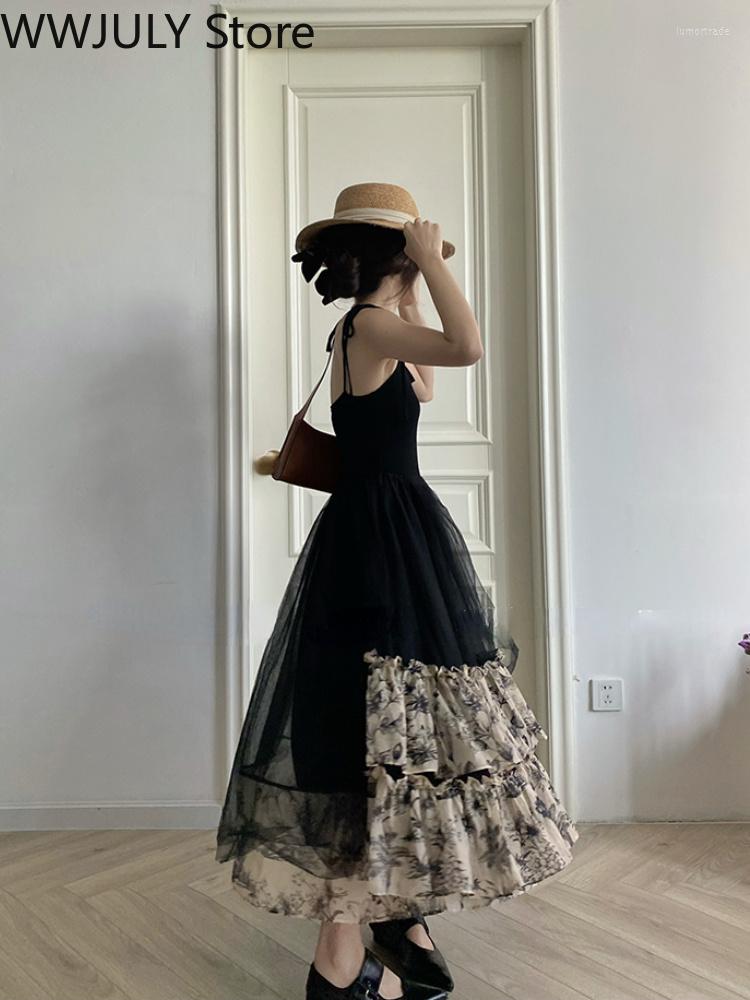 Casual Dresses French Vintage Black Strap Dress Gothic Summer Sleeveless Retro Midi Slim Korean Style Party Woman