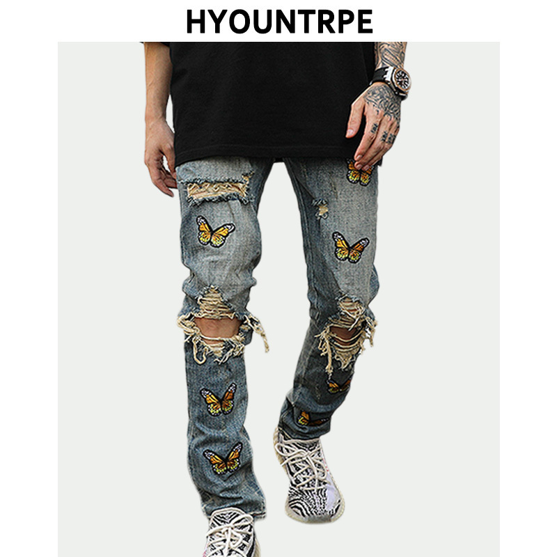 Mens Jeans High street Butterfly Embroidery Knee Ripped Hole casual Hip Hop Distressed Slim Fit Skinny Denim Pants Joggers 230420