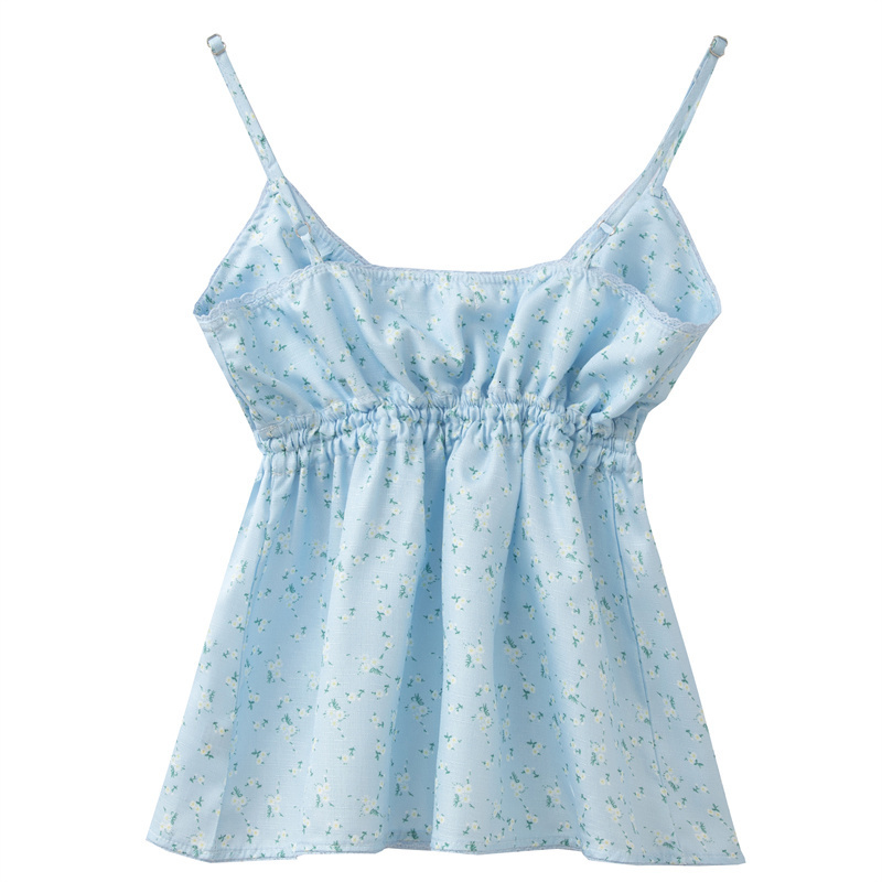 Camisoles Tanks PUWD Y2K Lovely Girl Linen Blue Flower Print Camis Summer Ladies Lace V Neck Slim Short Tops Vintage Women Sleeveless Top 230420