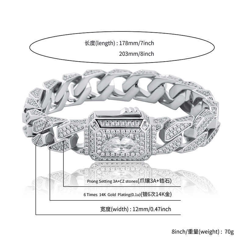 Gold High Quality Miami Cuban Chain Bracelet Bangle Spring Buckle Watch Style Mens Iced Out Cubic Zirconia Hip Hop Curb Link Chains Wristband For Men 