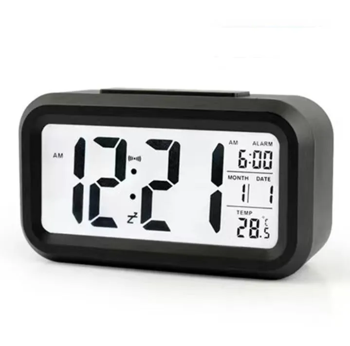 Plastic Mute Alarm Clock LCD Smart Temperature Cute Photosensitive Bedside Digital Alarms Clocks Snooze Nightlight Calendar