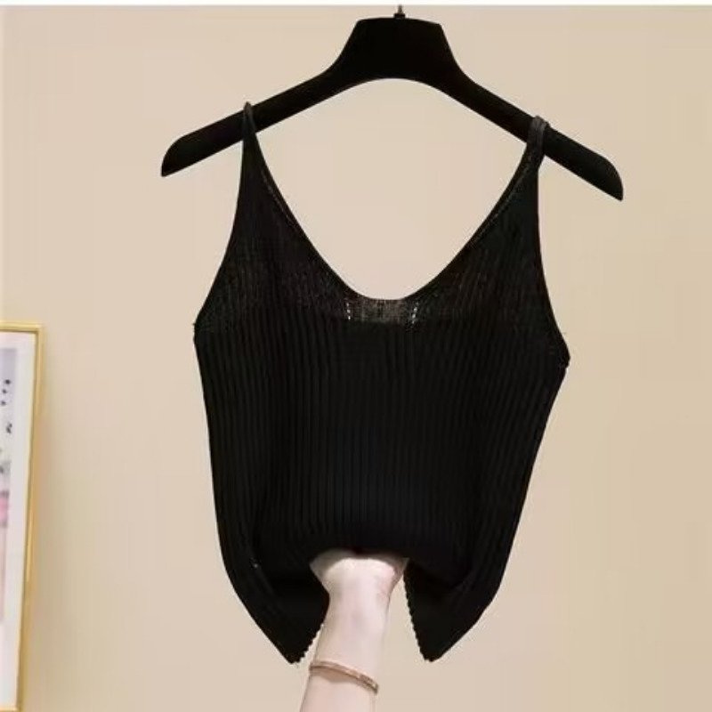 Camisoles Tanks Casual Knitted Sleeveless Camisole Women Summer Camis New Sexy V-neck Solid Color Sleeveless Camis Skinny Tops for Female 230420