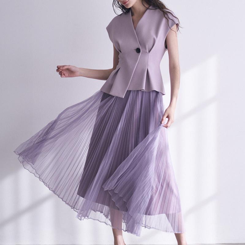

Dress Conjunto de falda elegante con escote en V para mujer Top sin mangas con botones y faldas de malla de cintura alta conjunto de 2, Beige