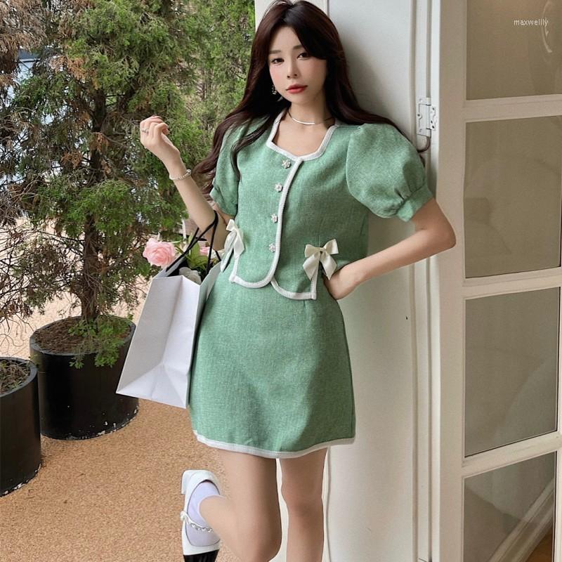 

Work Dresses Small Fragrant Contrast Color Two Piece Suit Puff Sleeve Square Neck Single Breasted Bow Top High Waist A-Line Skirt, Green