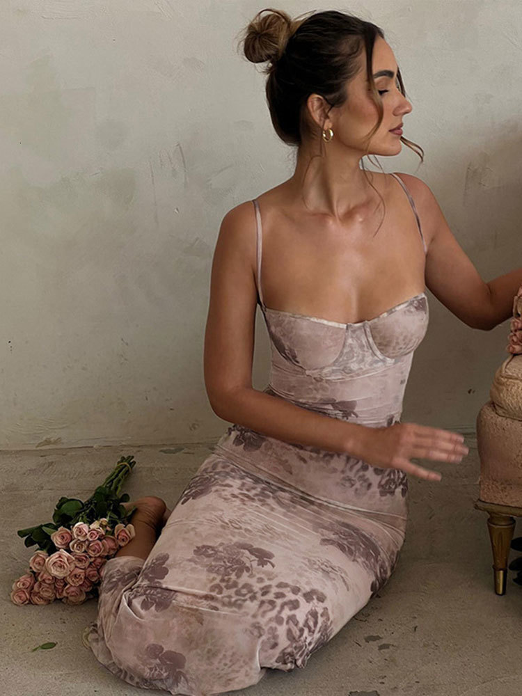 Casual Dresses Elegant Low Chest Print Spaghetti Strap Dress Evening Party Banquet Backless Maxi Dresswear Chic Female Floral Vestidos 230420