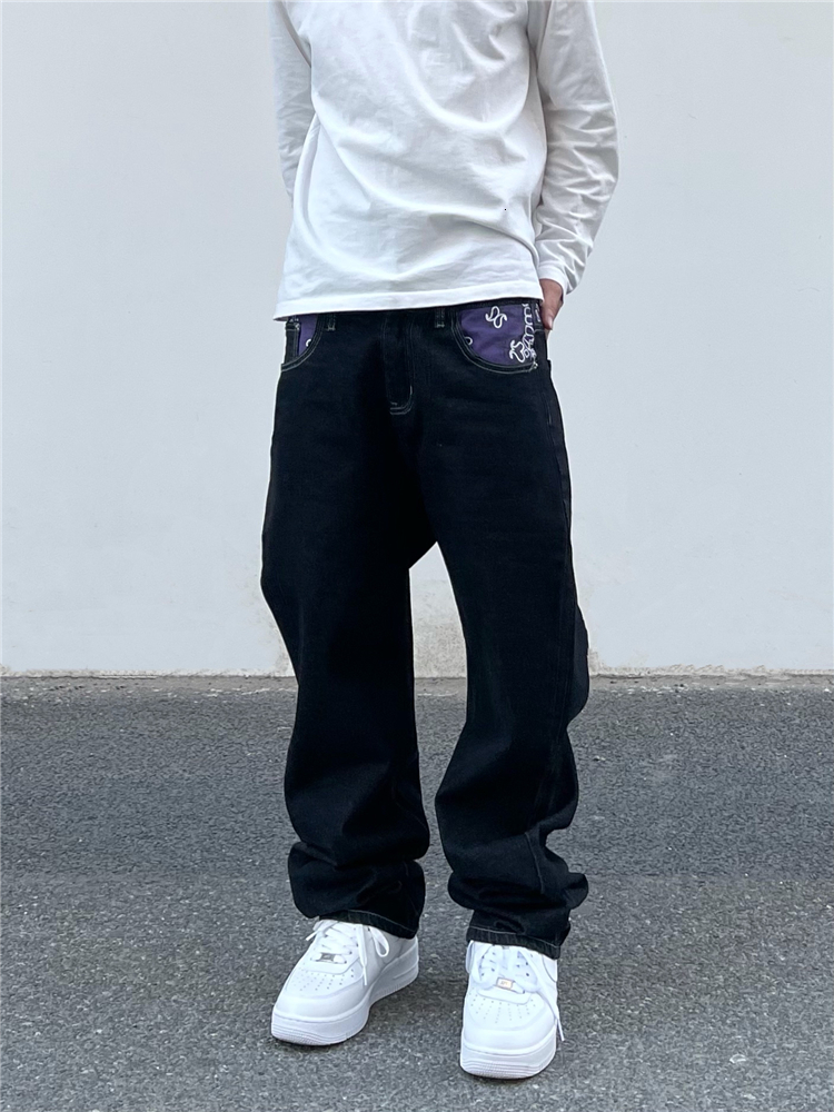 Mens Jeans Waist Cashew Print Letter Pactchwork Ripped Streetwear Straight Washed Retro Oversized Casual Denim Pants Unisex 230420